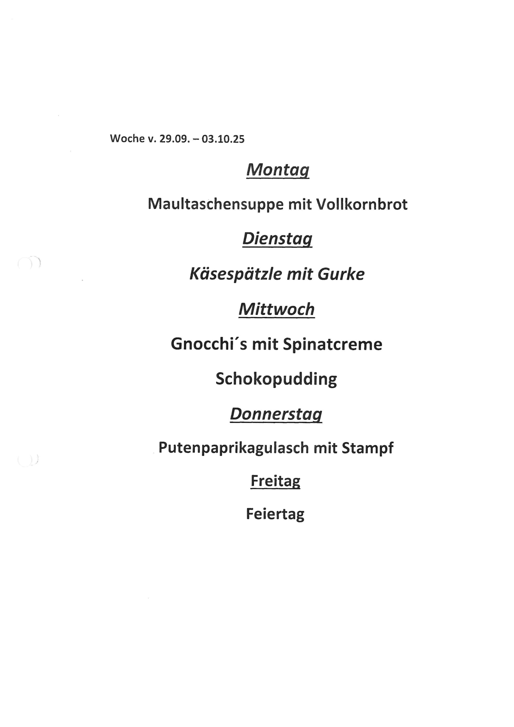 Essensplan vom 29.9. bis 2.10.25