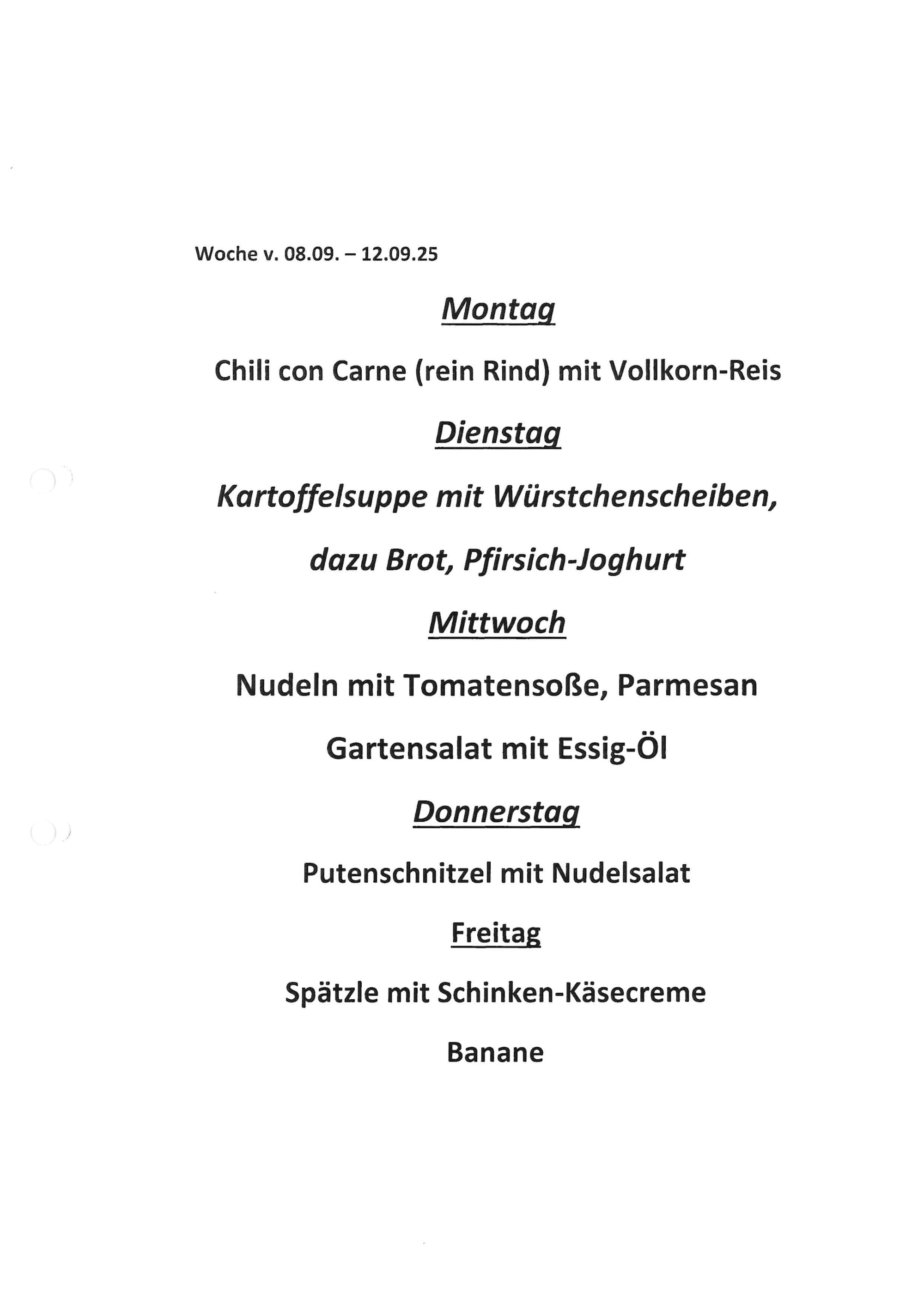Essensplan vom 8. bis 12.9.25